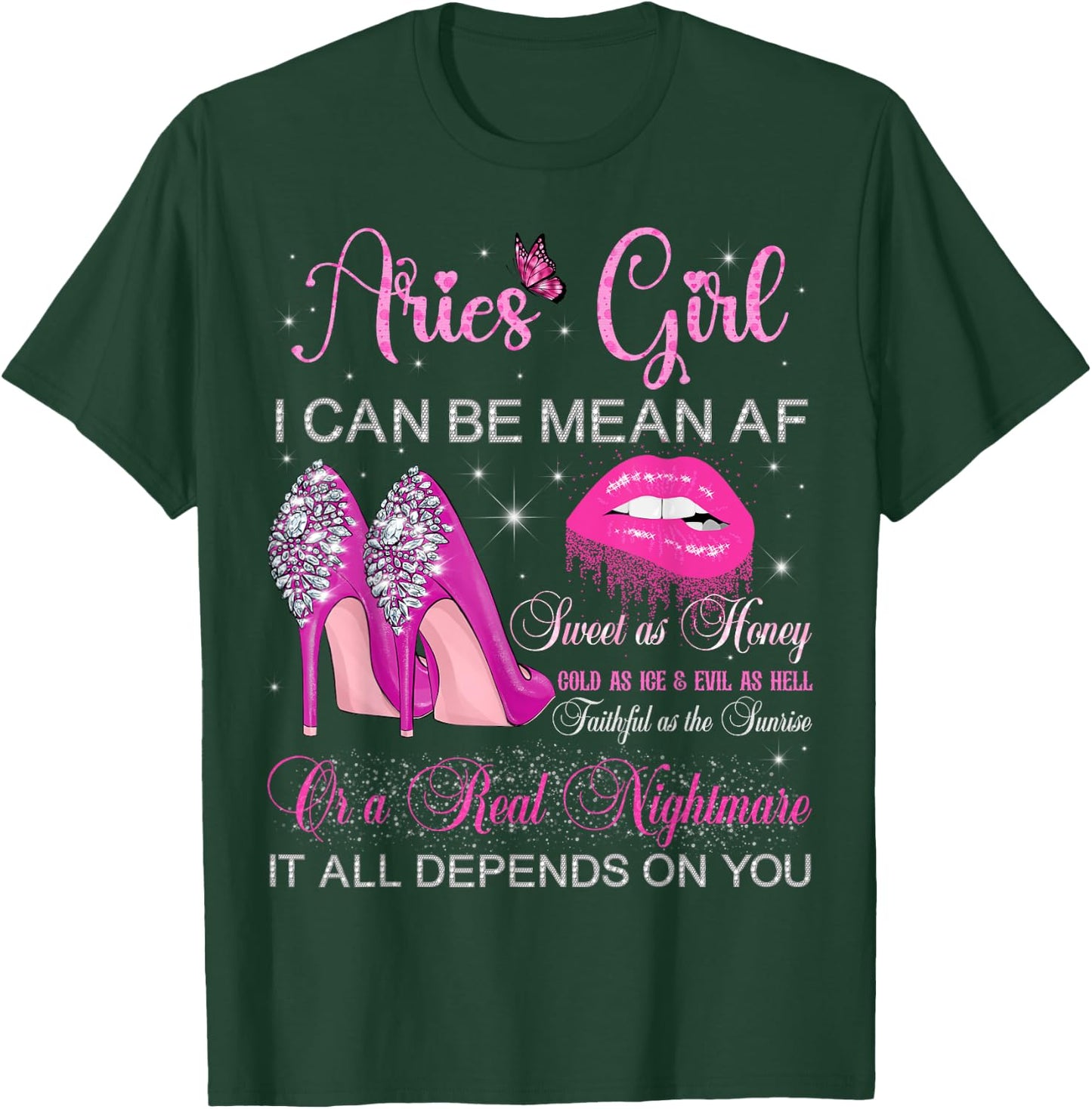 Aries Girl Birthday High Heels Dripping Lips Zodiac Women T-Shirt - T-Shirt | Forest