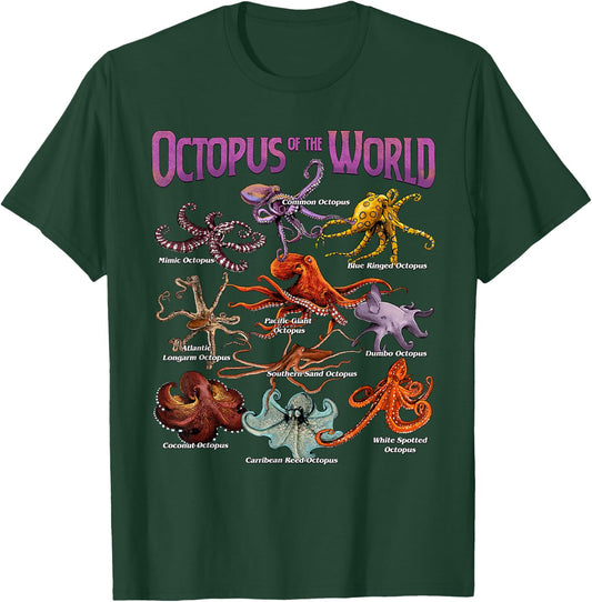 Octopus of The World Sea Animal Educational Octopus Lover T-Shirt - T-Shirt | Forest
