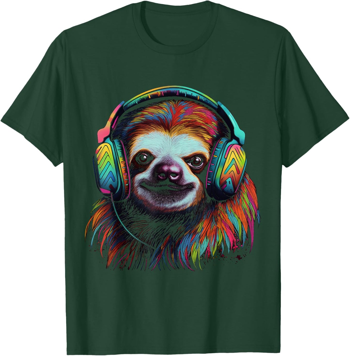 Sloth Artwork Music Colourful Animal Headphones Sloth T-Shirt - T-Shirt | Forest