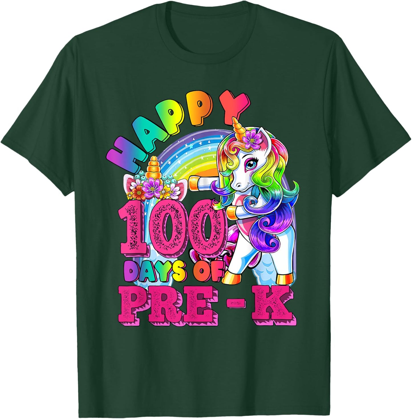 Dabbing Unicorn 100th Day Of School Pre-K Kid Girls Teacher T-Shirt - T-Shirt | Forest
