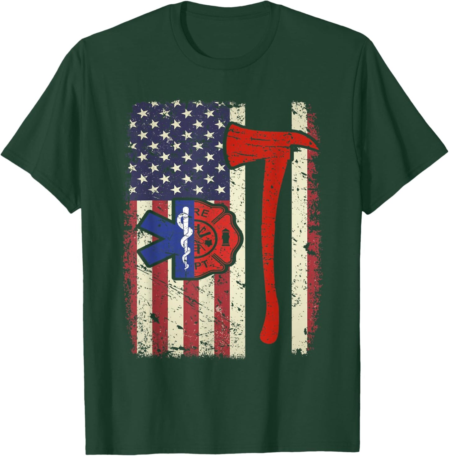 EMT Firefighter American Flag Patriot Paramedic Firefighter T-Shirt - T-Shirt | Forest