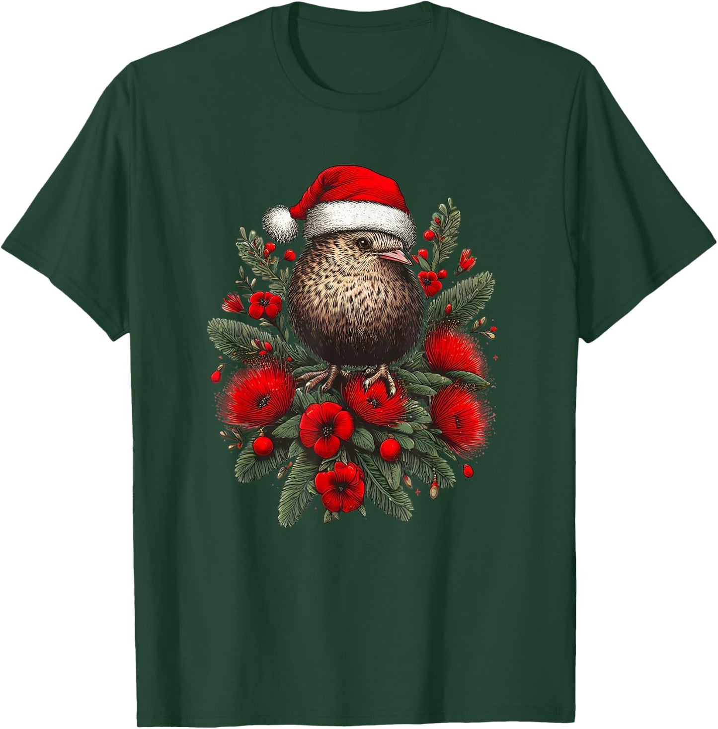 Christmas New Zealand Kiwi Bird Santa Hat Pohutukawa Tree T-Shirt - T-Shirt | Forest