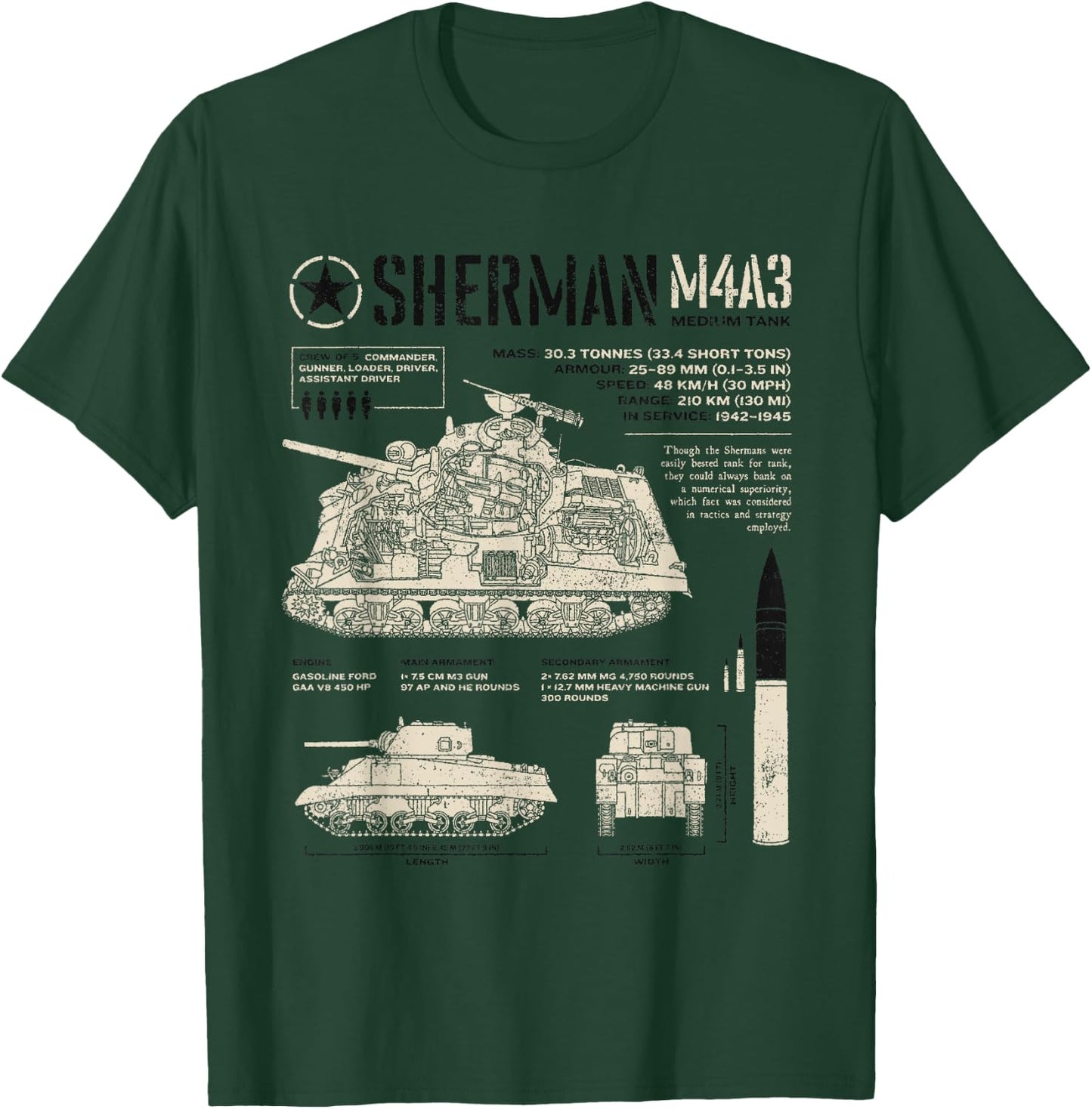 Sherman Tank World War 2 Blueprint T-Shirt - T-Shirt | Forest