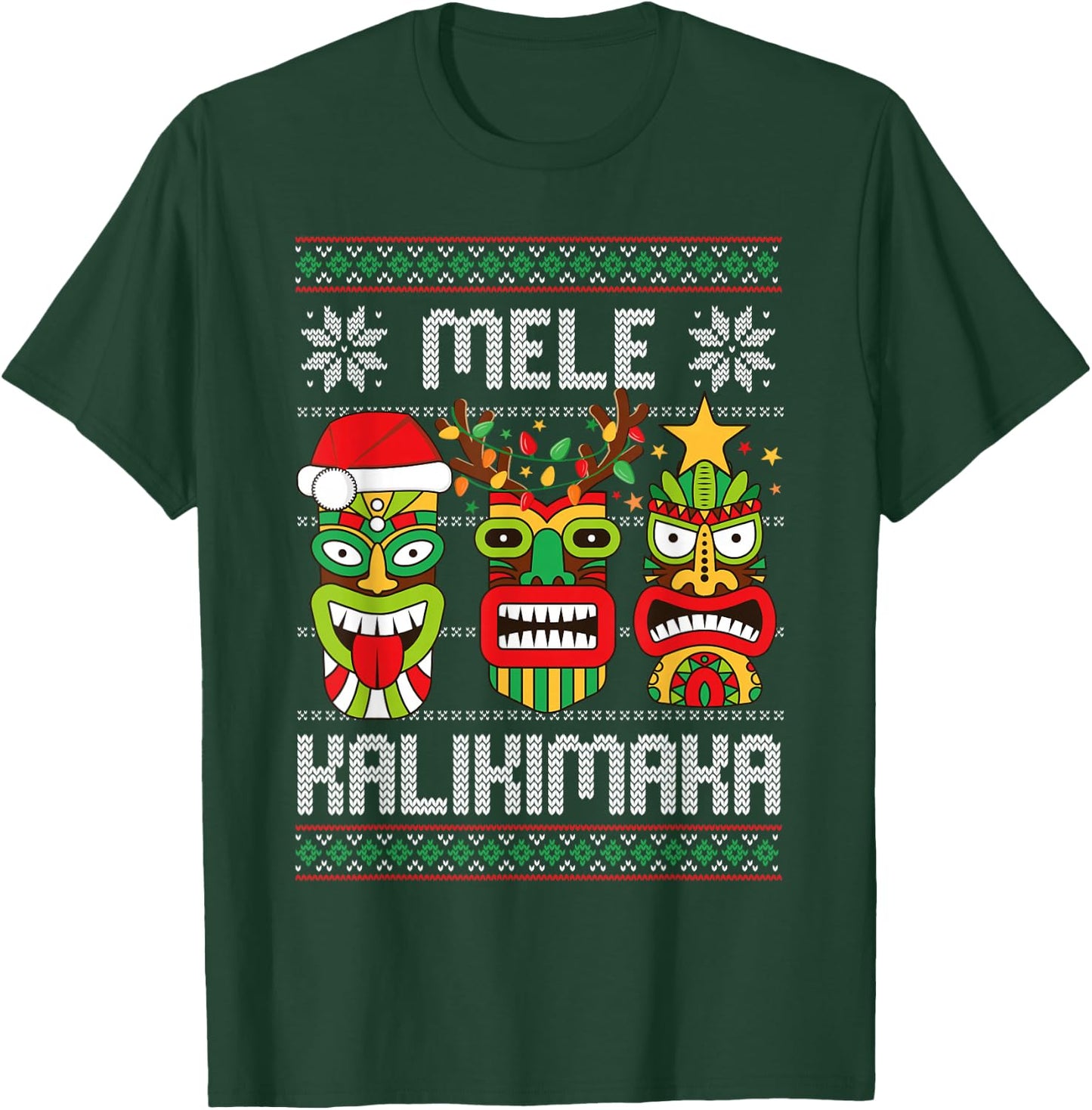 Mele Kalikimaka Christmas Hawaiian Santa Tiki Ugly Christmas T-Shirt - T-Shirt | Forest