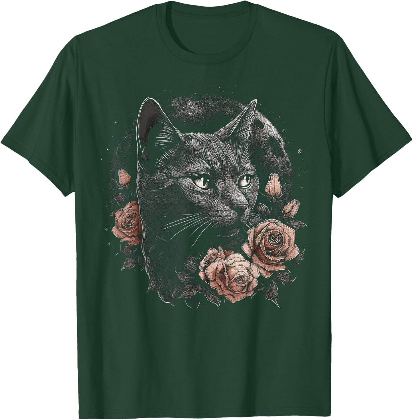 Cat Flower Moon Artwork | Animal Motif Cat T-Shirt - T-Shirt | Forest