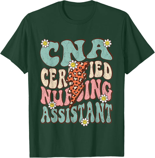 CNA Certificated Nursing Assistant Groovy Retro CNA Life T-Shirt - T-Shirt | Forest