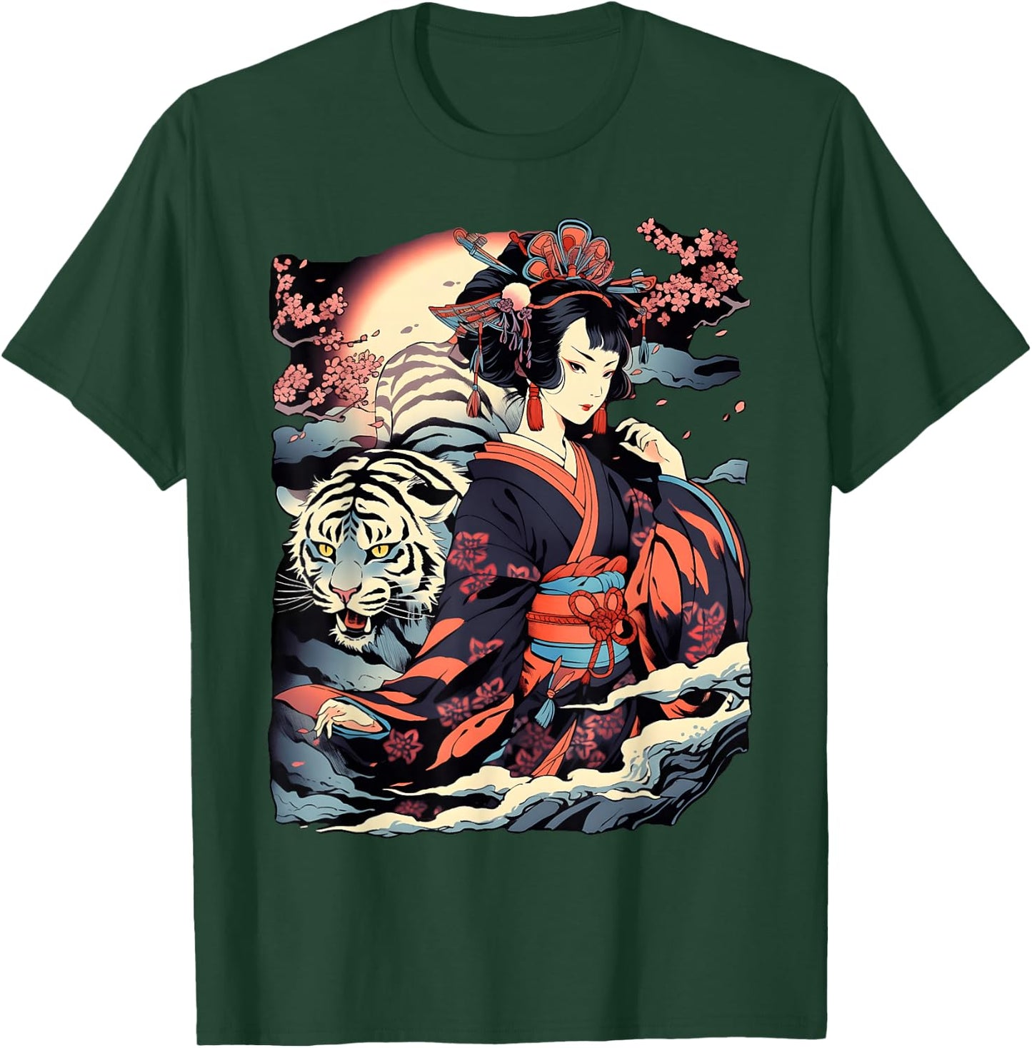 Make a Statement with This Bold Geisha and Tiger Tattoo T-Shirt - T-Shirt | Forest