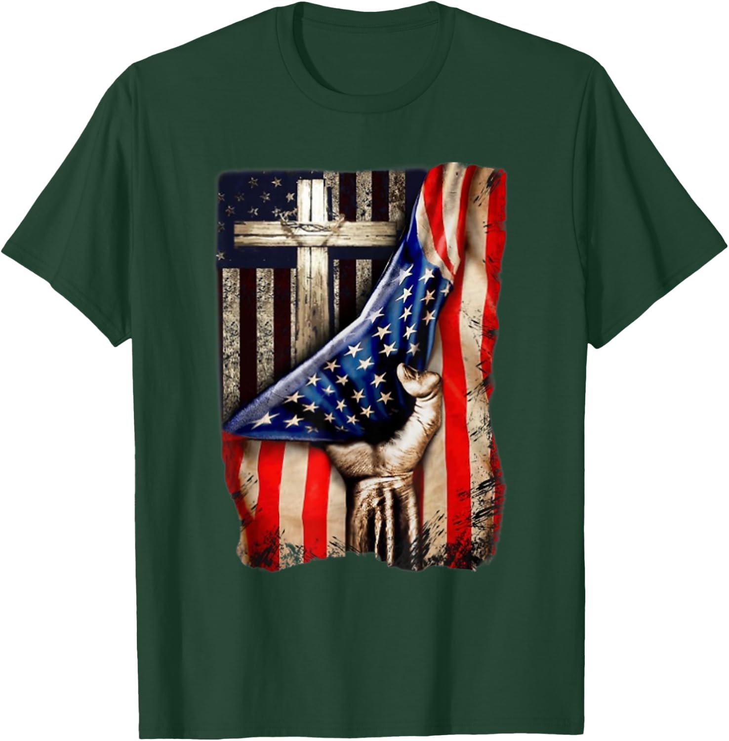Cross Christian American Flag Hand Pride T-Shirt - T-Shirt | Forest