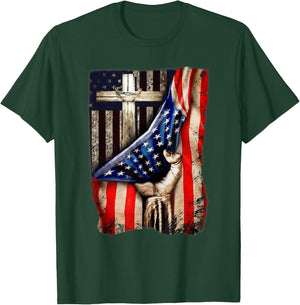 Cross Christian American Flag Hand Pride T-Shirt - T-Shirt | Forest