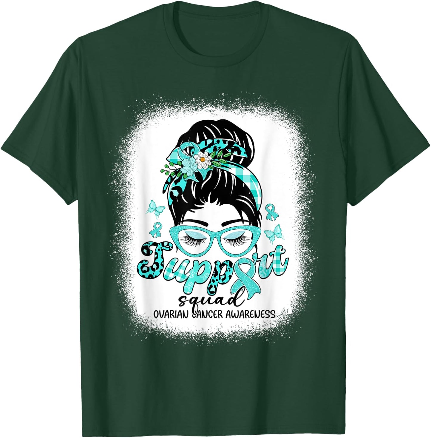 Support Squad Messy Bun Women Ovarian Cancer Awareness T-Shirt - T-Shirt | Forest