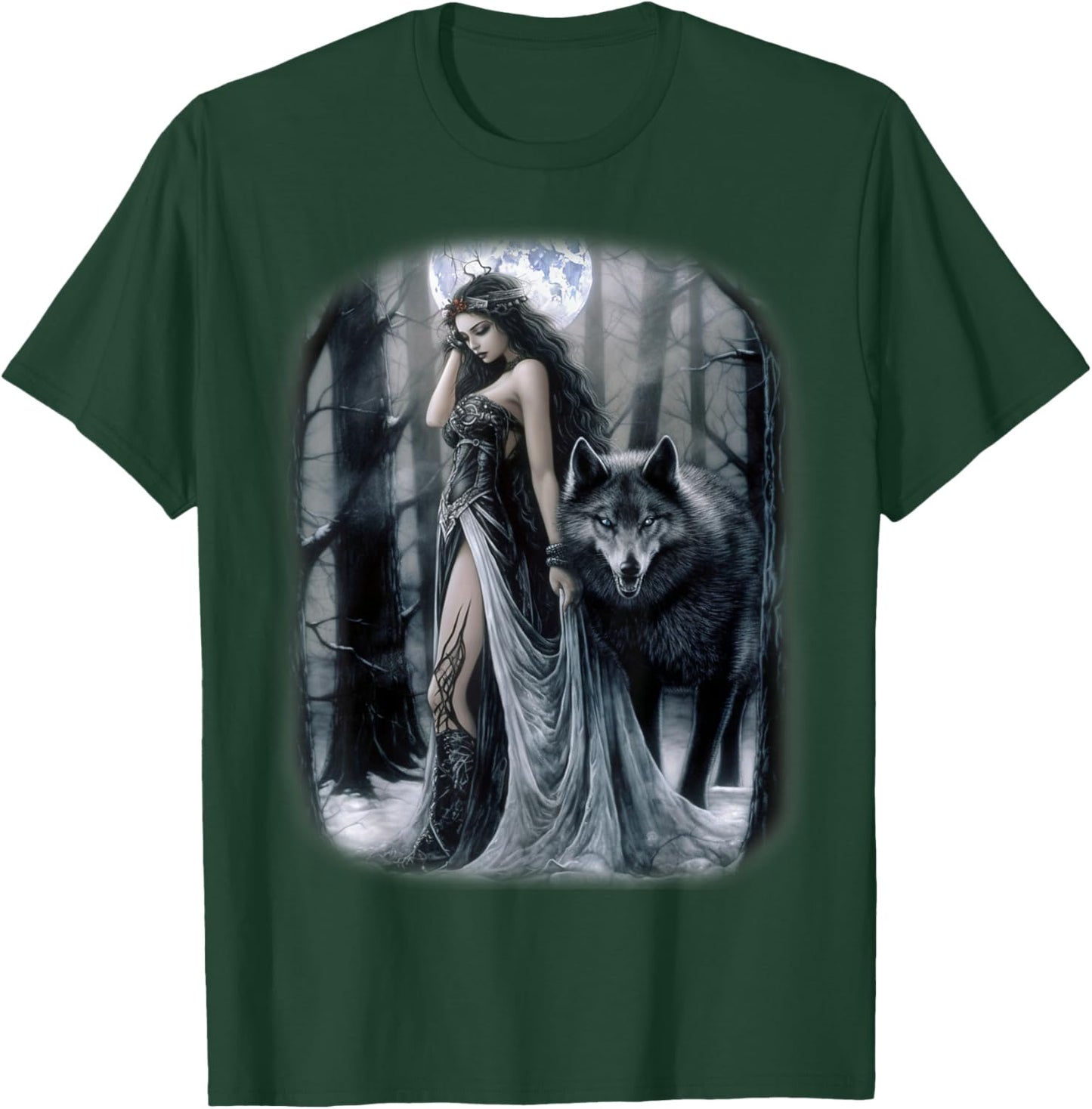 Woman and Gray Wolf in Forest Moon Fantasy Art Painting T-Shirt - T-Shirt | Forest