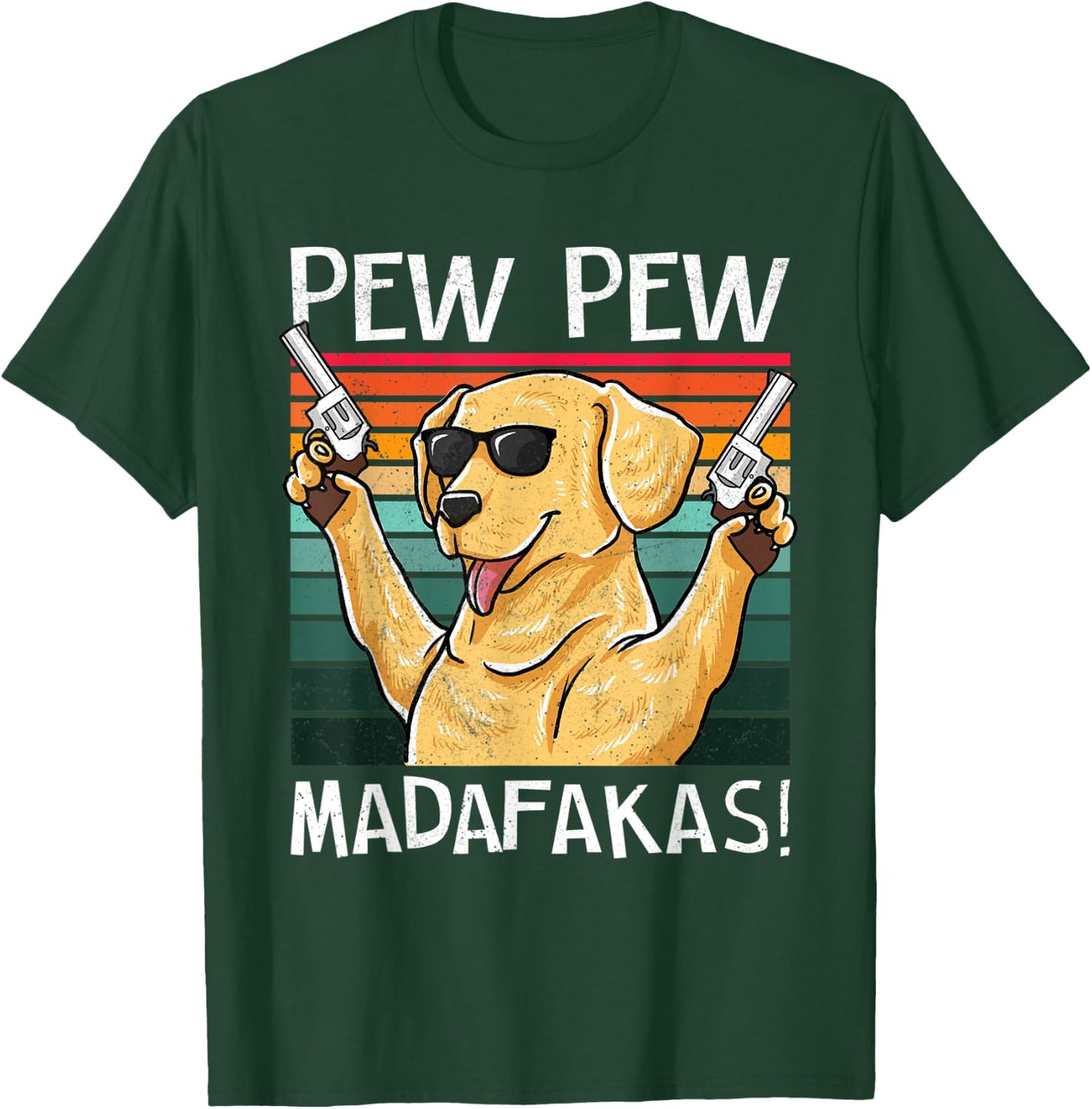 Labrador Pew Pew Dog Vintage Retro Sunset Dogs Guns Nerd T-Shirt - T-Shirt | Forest