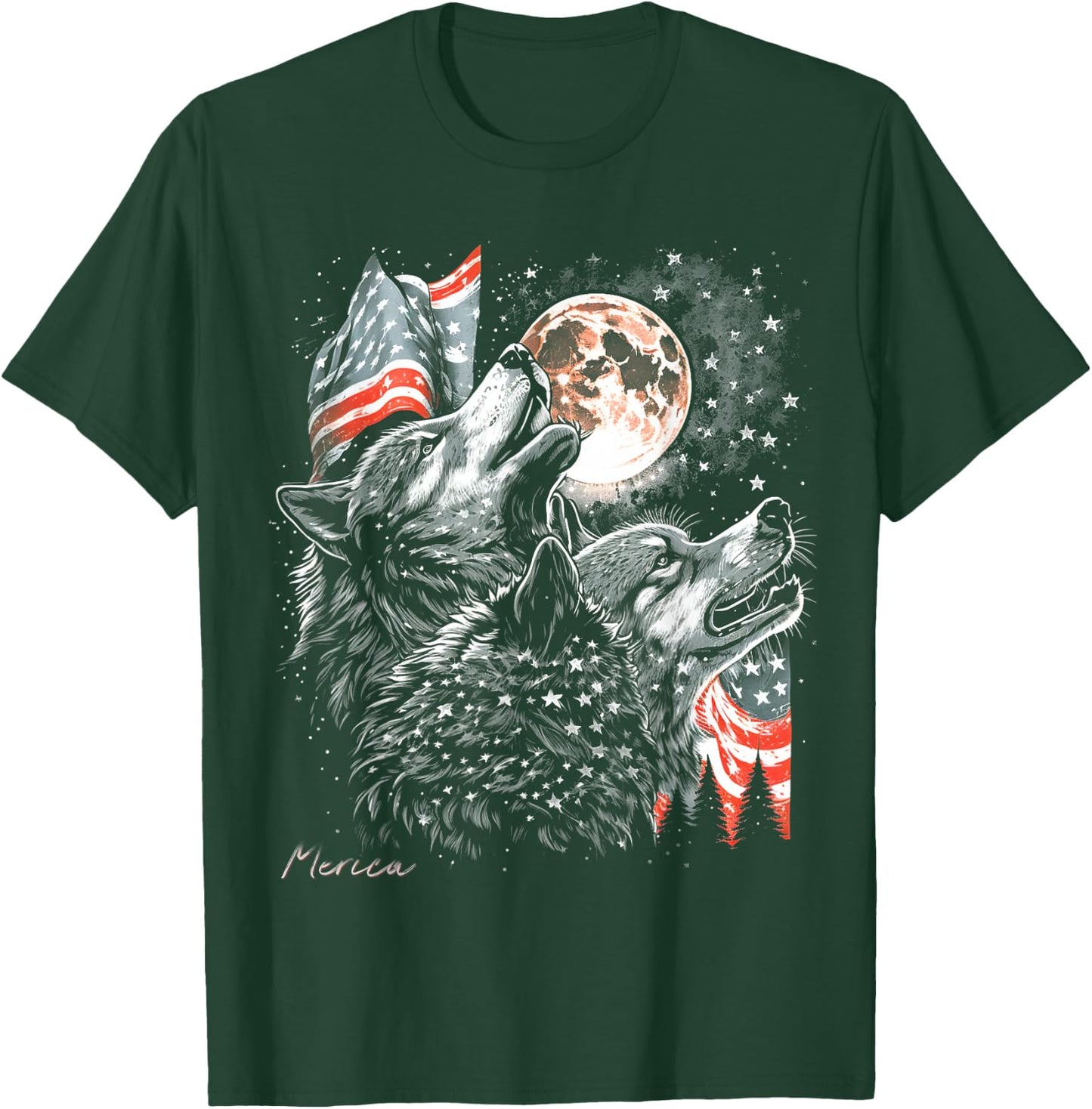 Wolf 4th of July American Flag Howling America Moon Funny T-Shirt - T-Shirt | Forest
