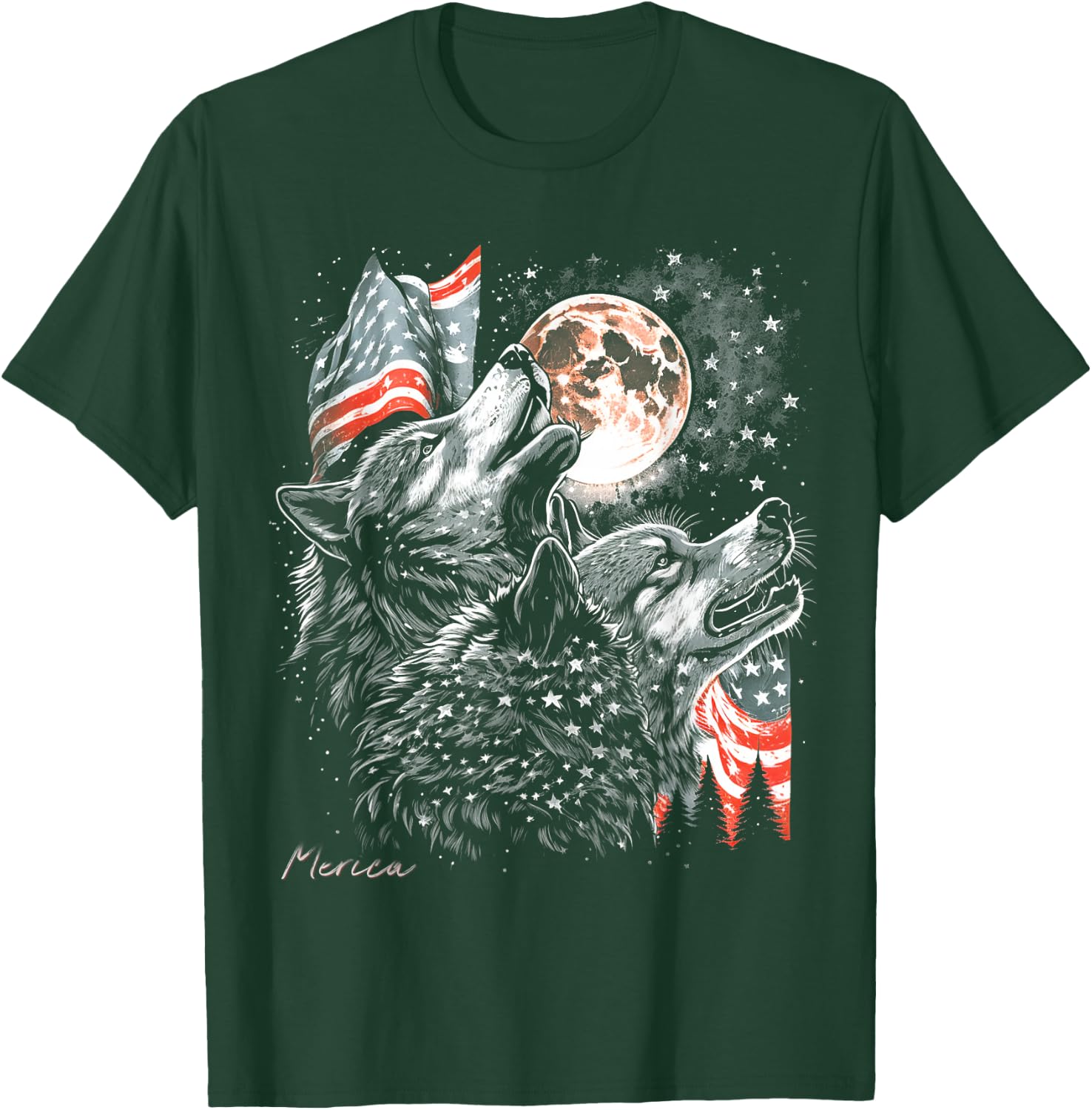 Wolf 4th of July American Flag Howling America Moon Funny T-Shirt - T-Shirt | Forest
