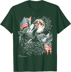 Wolf 4th of July American Flag Howling America Moon Funny T-Shirt - T-Shirt | Forest