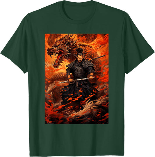 Samurai Conquers the Great Dragon - Bushido Spirit T-Shirt - T-Shirt | Forest