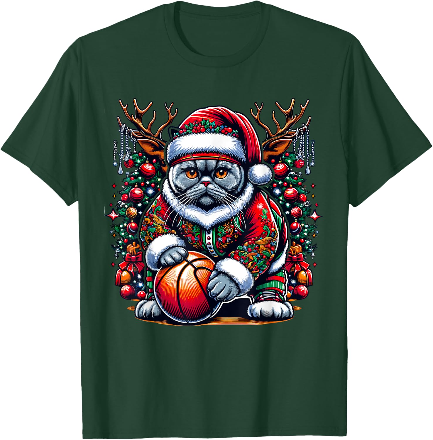 Funny Santa British Shorthair Cat Play Basketball Christmas T-Shirt - T-Shirt | Forest