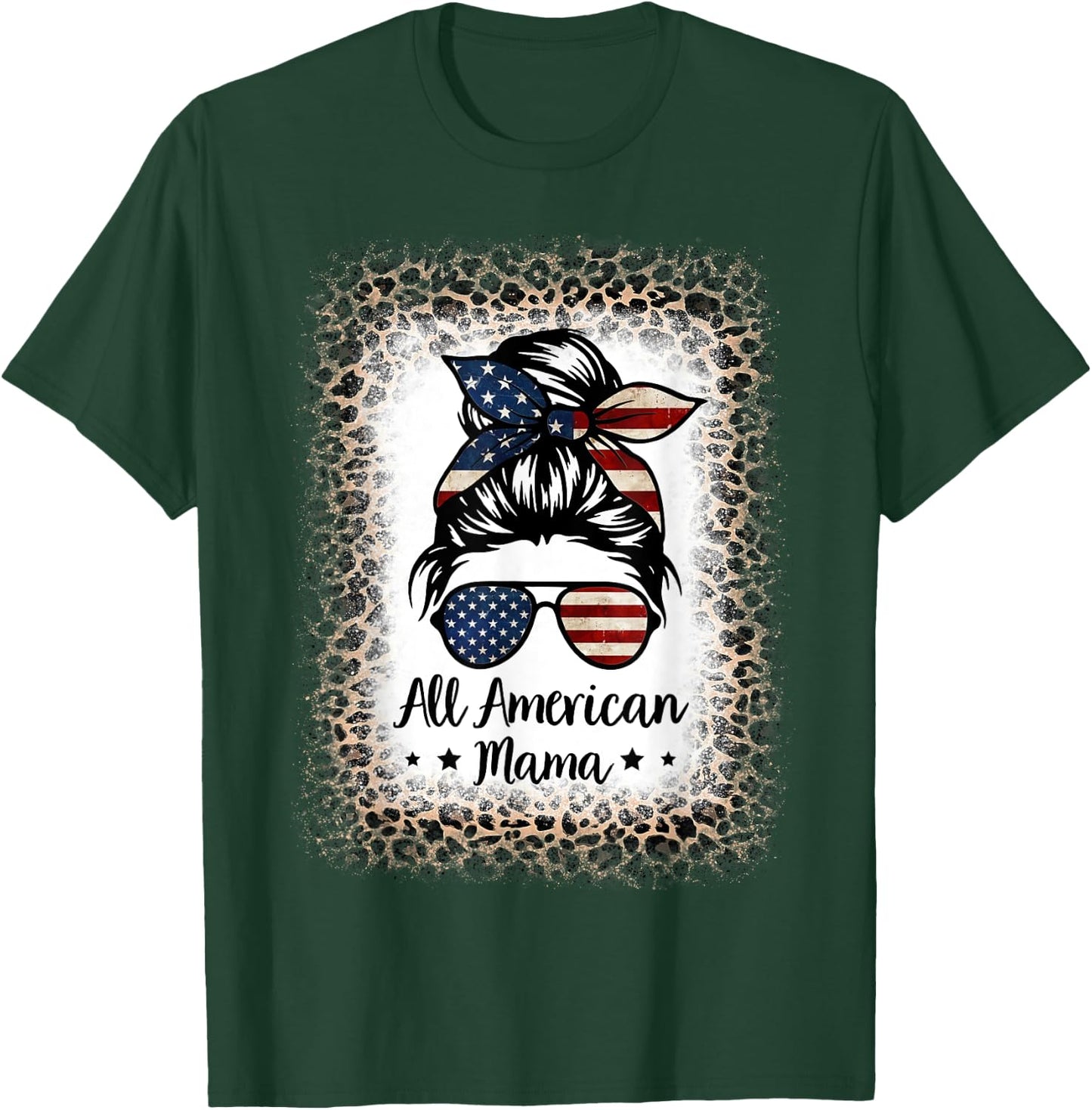 All American Mama Messy Bun Bleached Leopard 4th of July Kids Men T-Shirt - T-Shirt | Forest