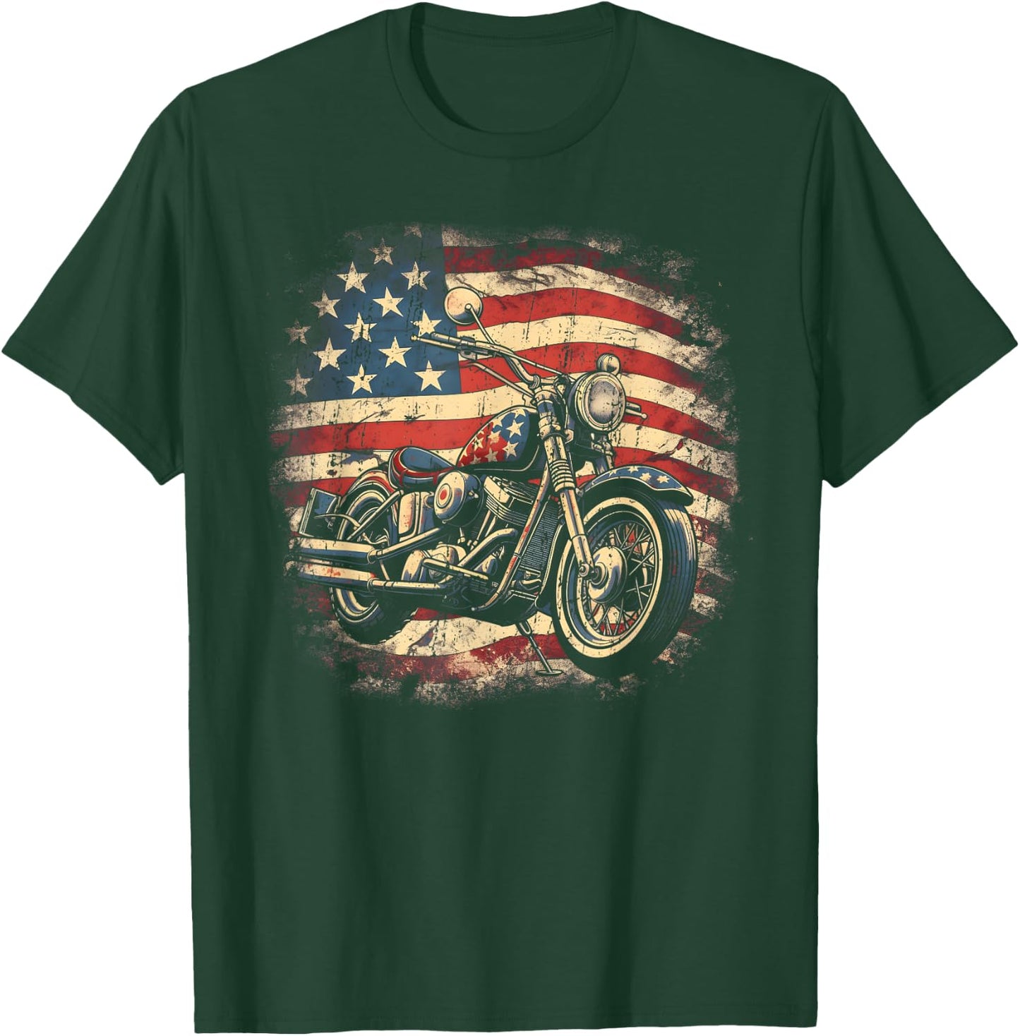 Vintage US Flag Motorcycle USA Retro Biker T-Shirt - T-Shirt | Forest