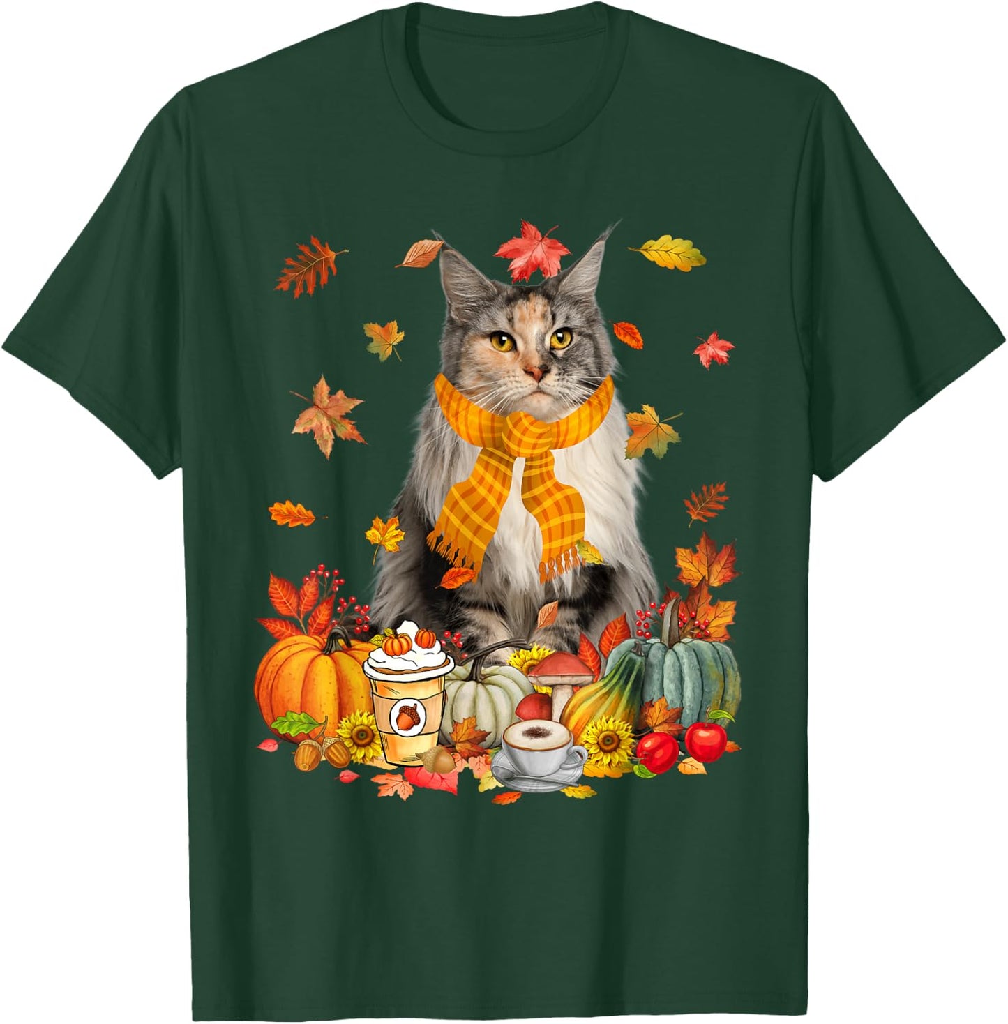 Cup Of Coffe Maine Coon Cat Pumpkins Fall Vibes Thanksgiving T-Shirt - T-Shirt | Forest