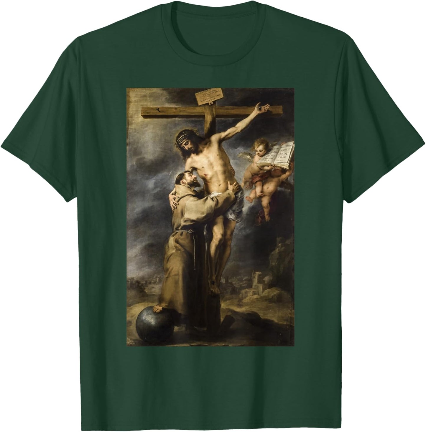 Saint Francis Embracing Christ on the Cross Painting Murillo T-Shirt - T-Shirt | Forest