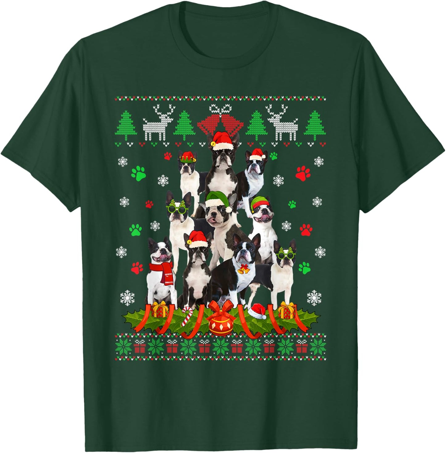 Ugly Sweater Christmas Tree Boston Terrier Dog Xmas Pajama T-Shirt - T-Shirt | Forest