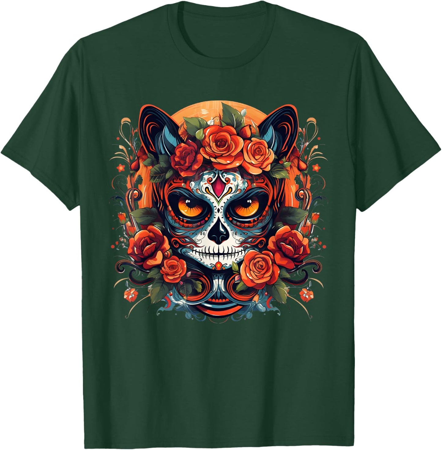 Cute Cat Sugar Skull Mexican Cat Halloween Day Of The Dead Men Women Kids T-Shirt - T-Shirt | Forest
