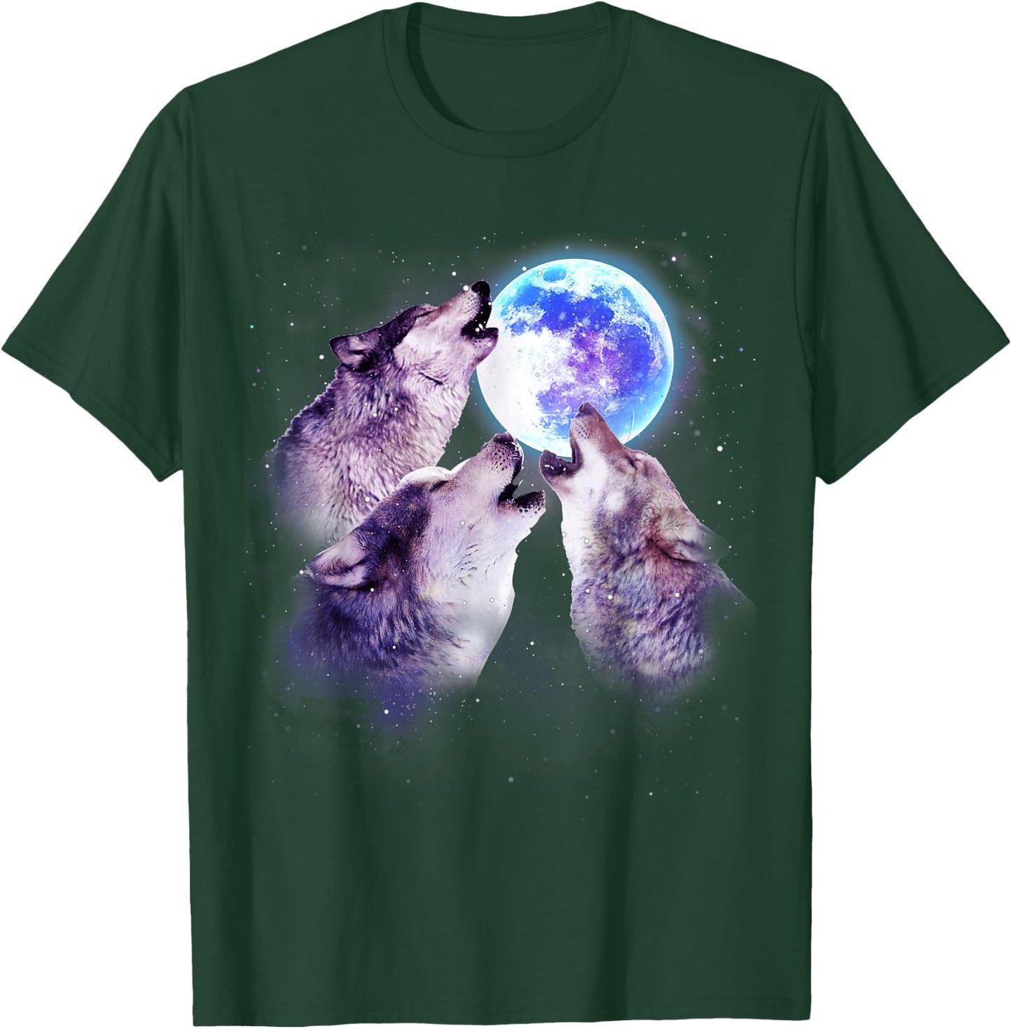 Three Grey Wolf Howling at The Moon 3 Wolves Space Galaxy T-Shirt - T-Shirt | Forest