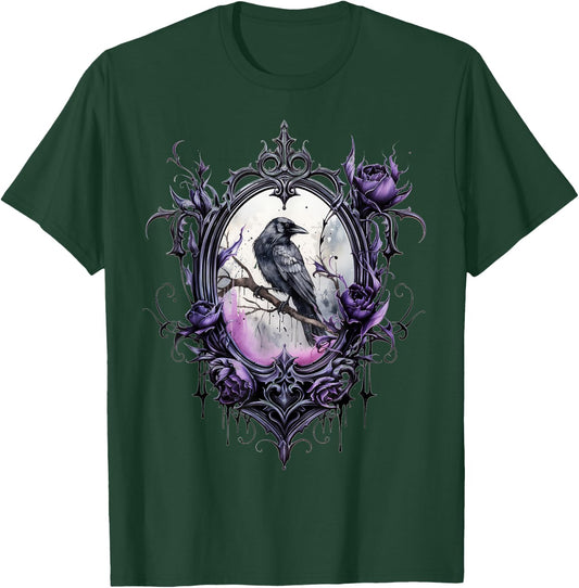 Gothic Halloween Raven Rose Purple Majestic Bird T-Shirt - T-Shirt | Forest