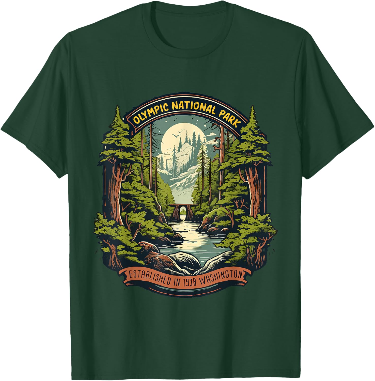 Olympic National Park -Adults Retro Black Cotton Small T-Shirt - T-Shirt | Forest