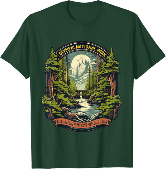 Olympic National Park -Adults Retro Black Cotton Small T-Shirt - T-Shirt | Forest