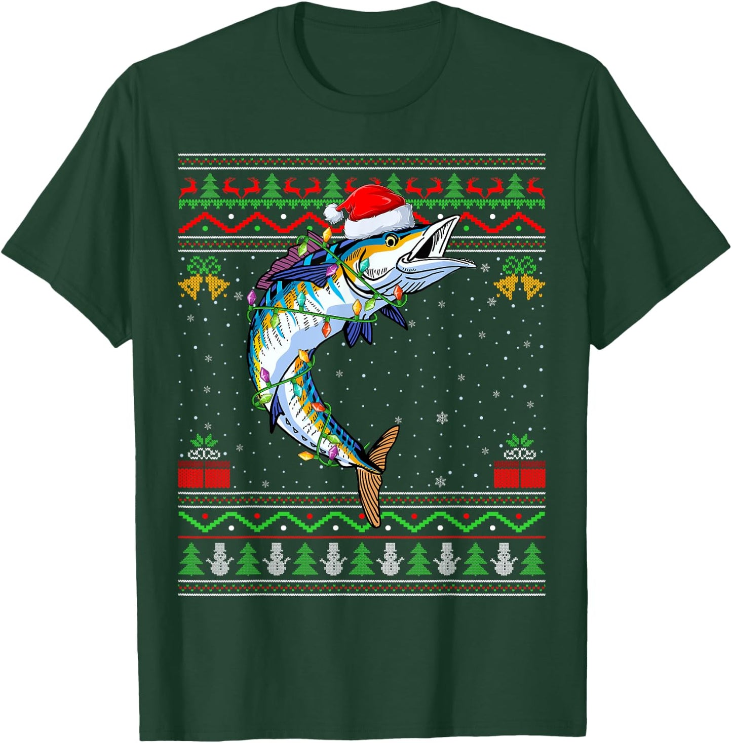 Xmas Lights Ugly Sweater Style Santa Wahoo Fish Christmas T-Shirt - T-Shirt | Forest