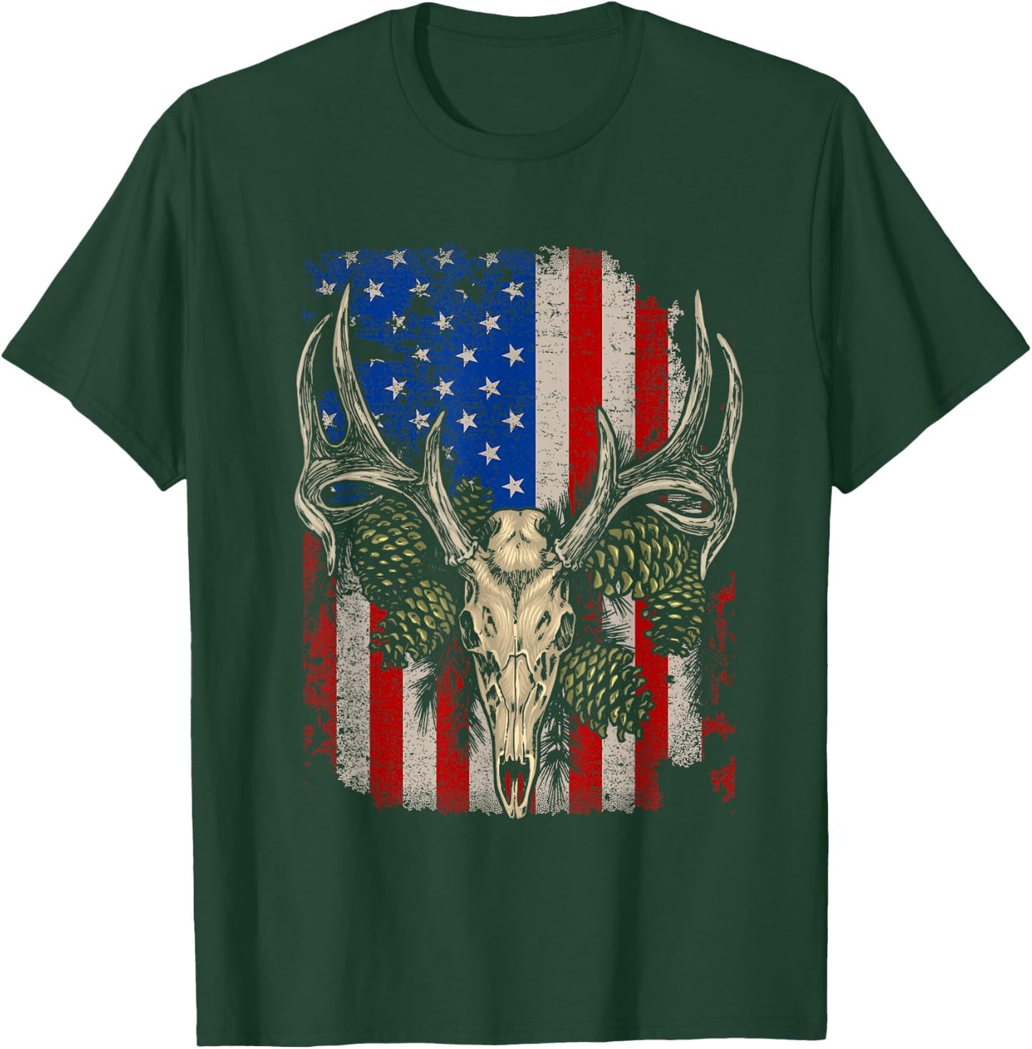 Deer Hunting Skull Whitetail Buck American Flag Vintage T-Shirt - T-Shirt | Forest