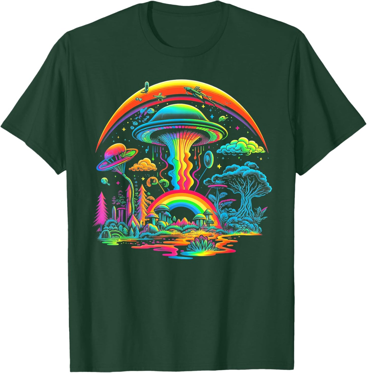 UFO Funny Alien Retro Mushroom Vintage 60s 80s 70s Rainbow T-Shirt - T-Shirt | Forest
