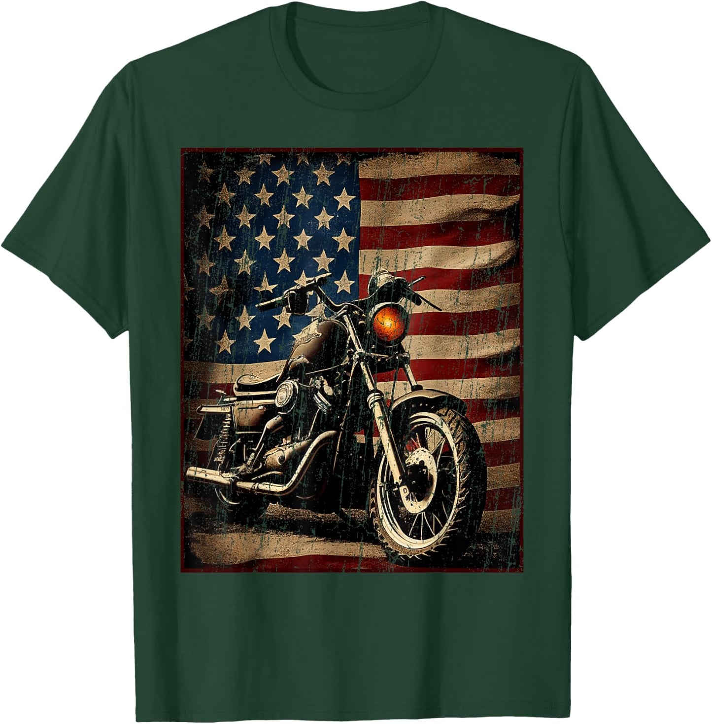 Motorcycle USA Flag Retro Biker T-Shirt - T-Shirt | Forest