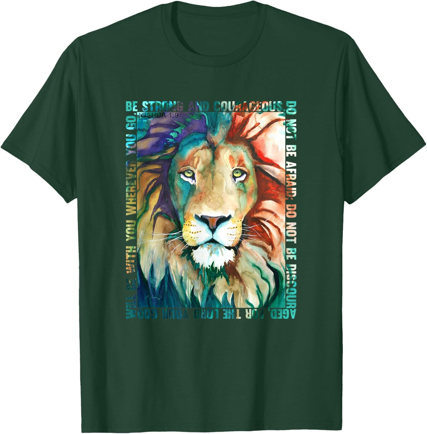 Lion Colorful Face Bible Verse Watercolor by Cheryl Casey T-Shirt - T-Shirt | Forest