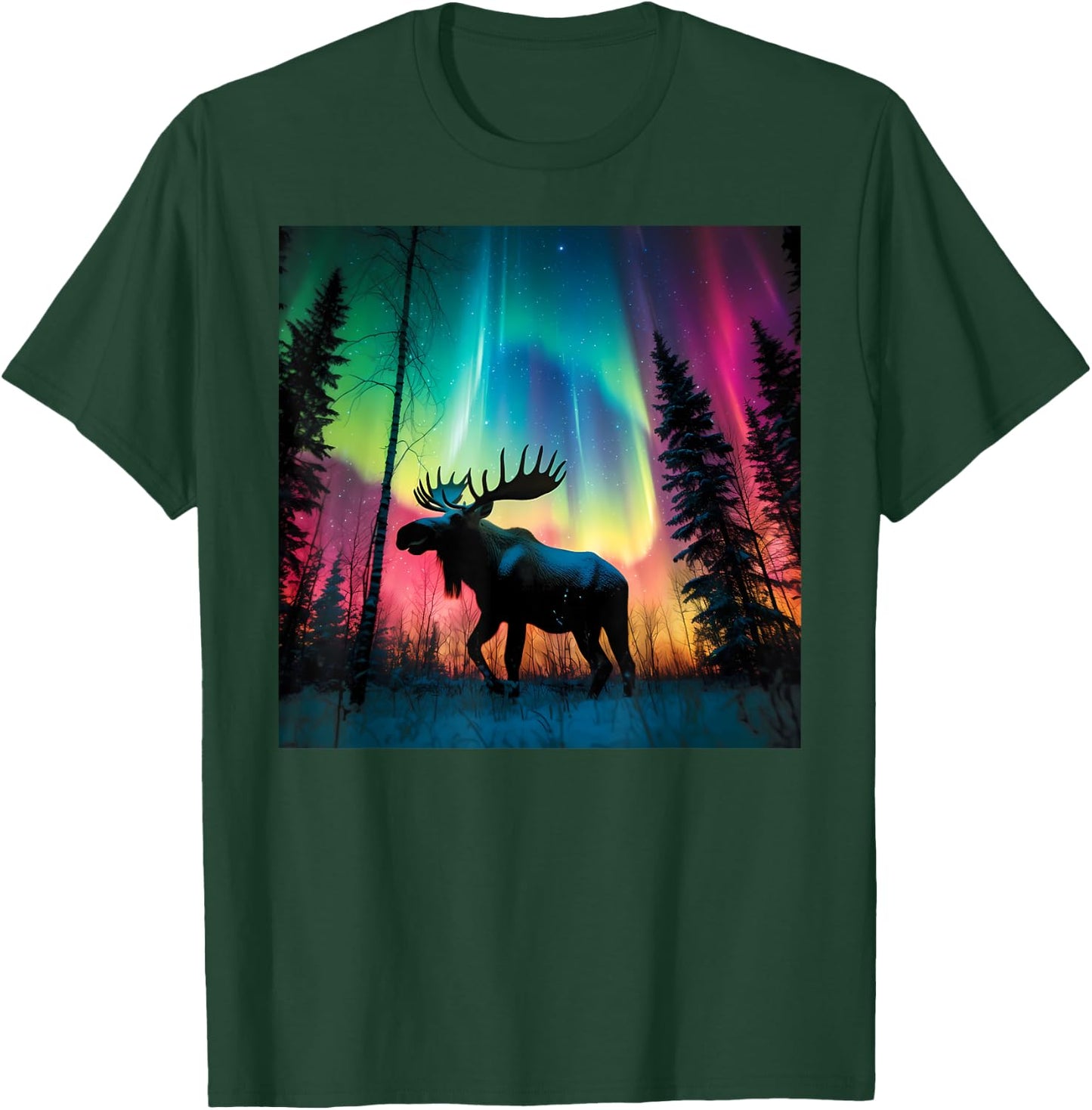 Minnesota Northern Lights Moose Family Winter Camping Trip T-Shirt - T-Shirt | Forest