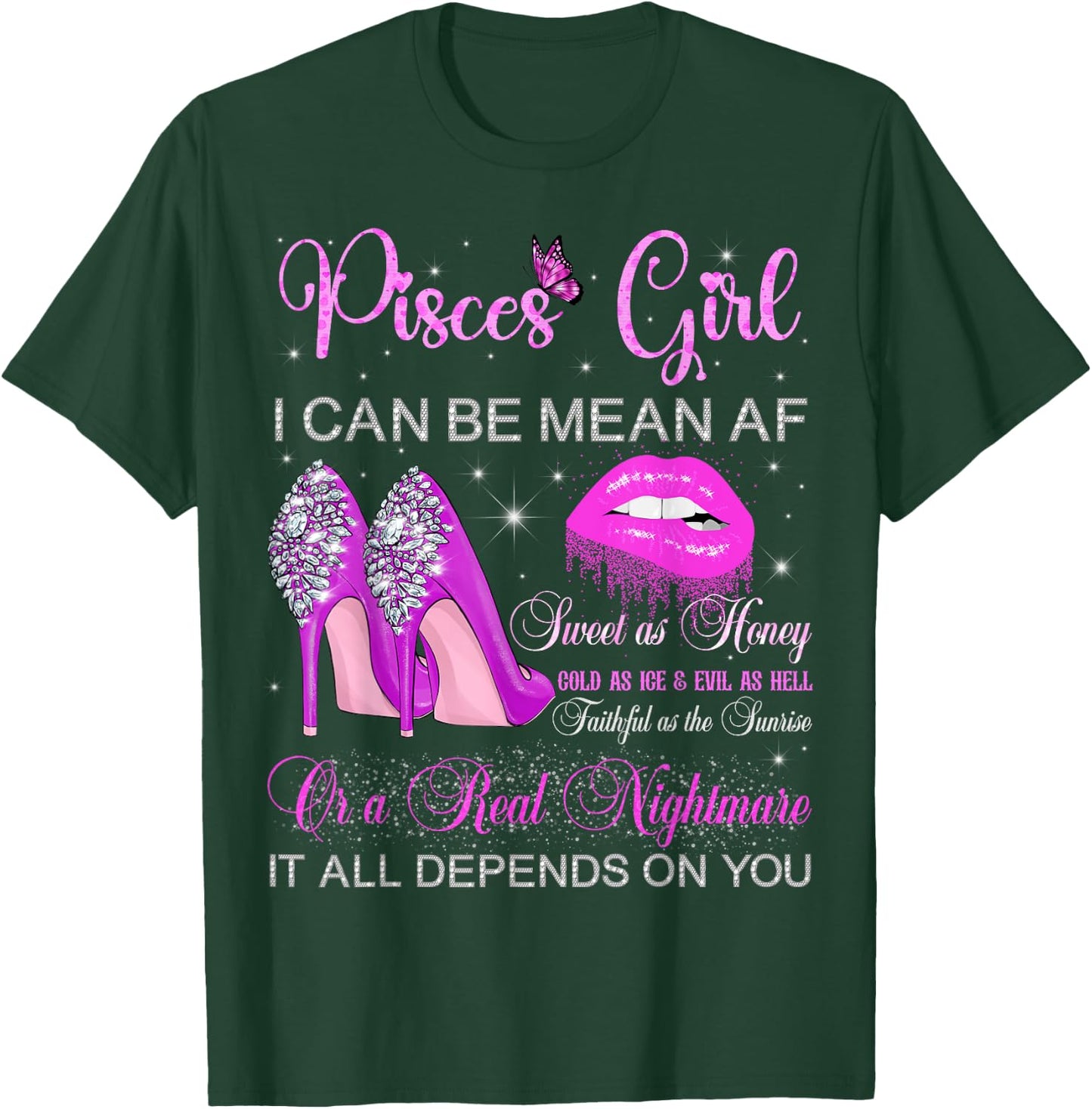 Pisces Girl Birthday High Heels Dripping Lips Butterfly T-Shirt - T-Shirt | Forest