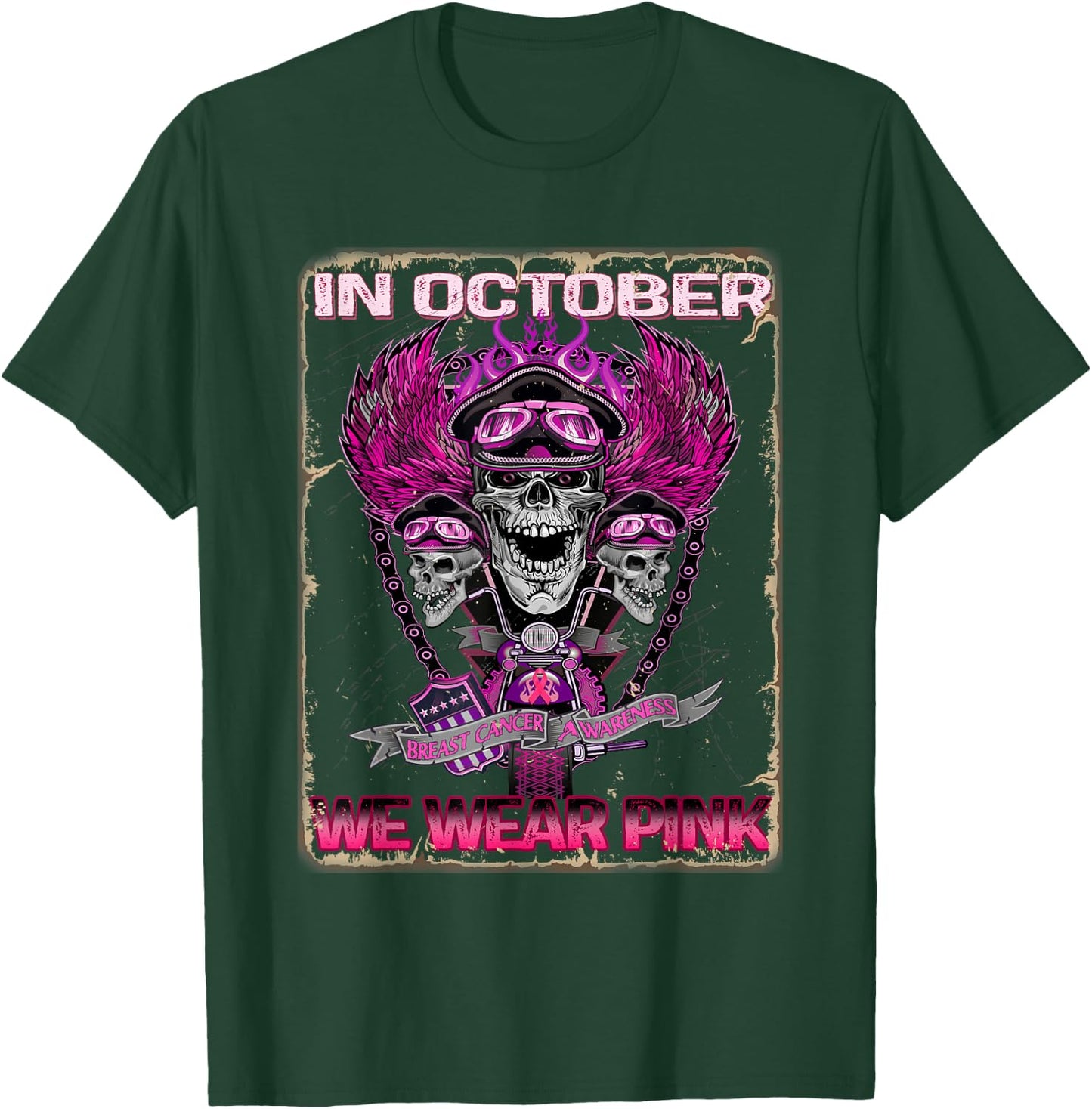 In October We Wear Pink Motorcycle Breast Cancer Biker Skull T-Shirt - T-Shirt | Forest