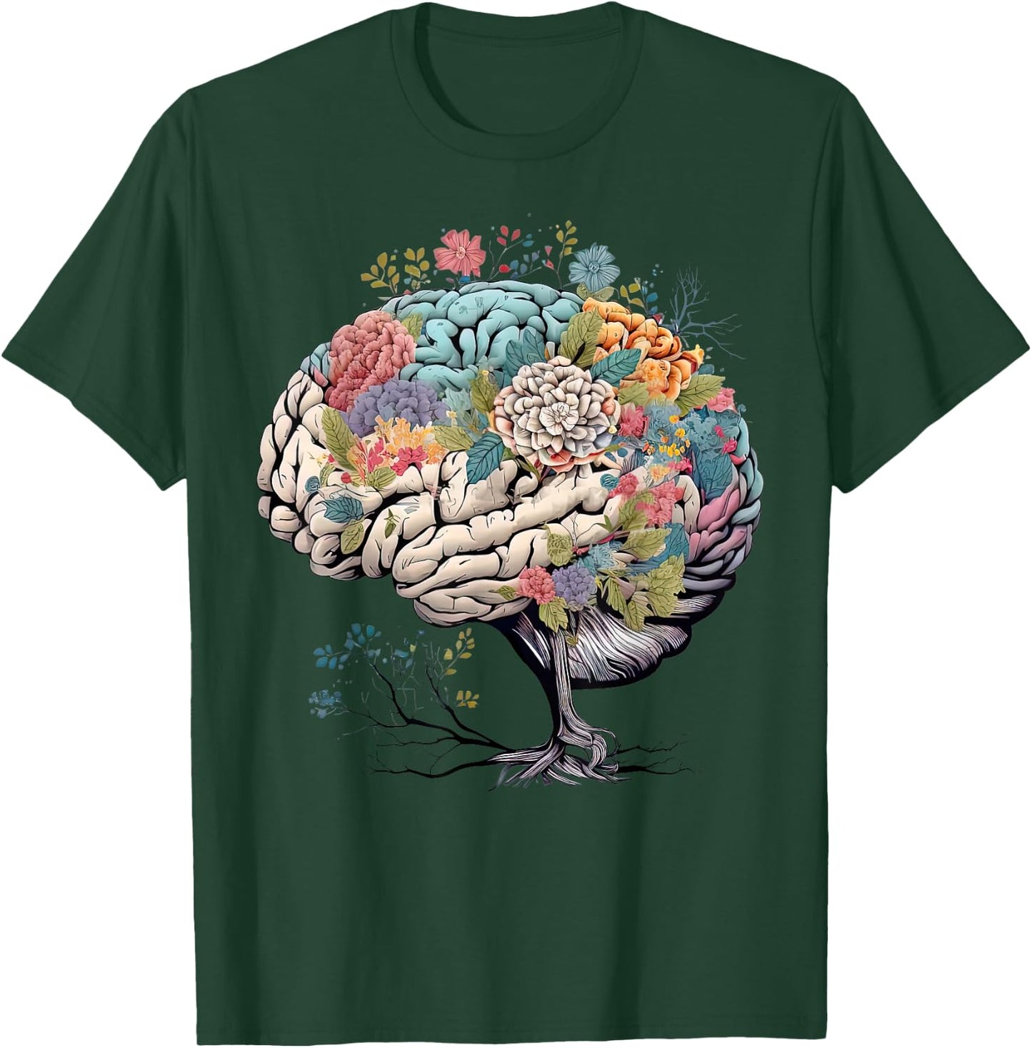 Floral Anatomical Brain Tree Mental Health Awareness T-Shirt - T-Shirt | Forest