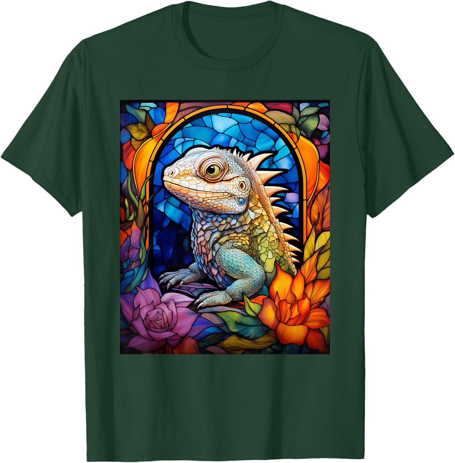 Stained Glass Style Tuatara T-Shirt - T-Shirt | Forest