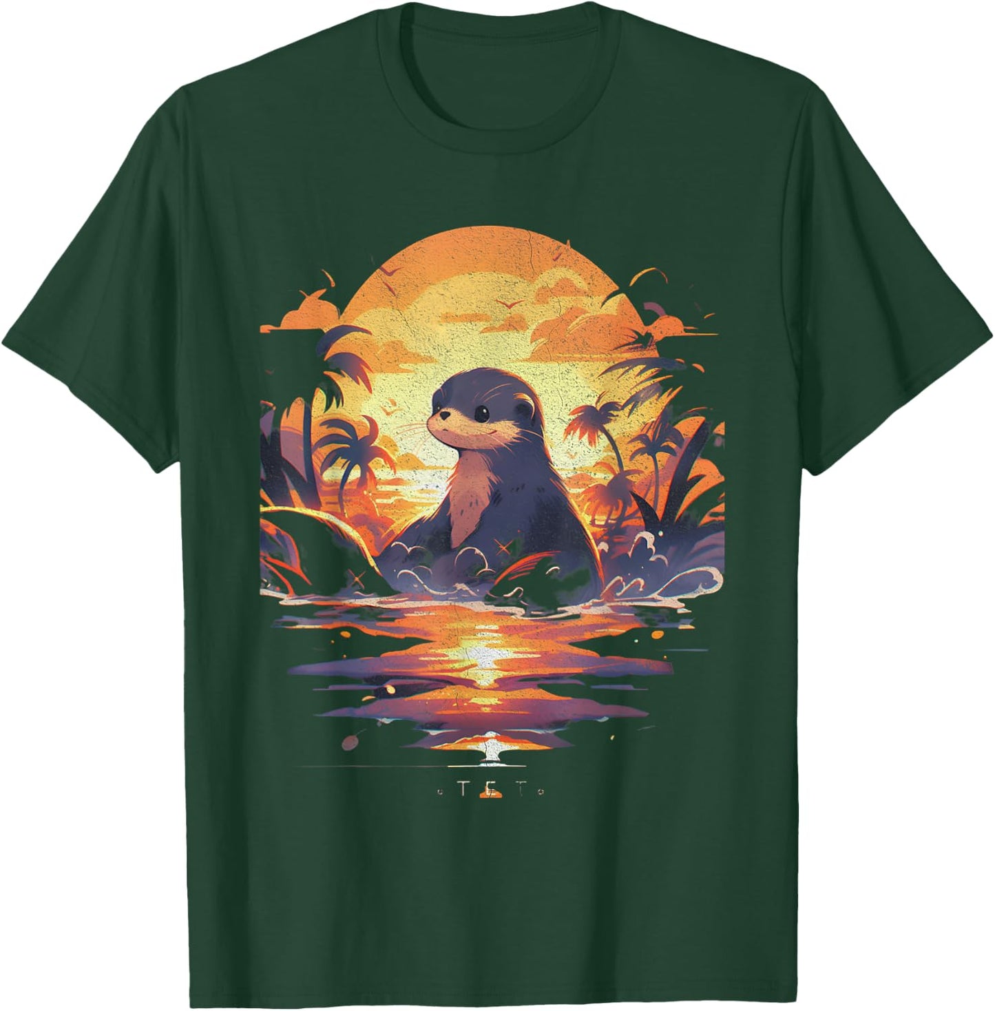 Cute Sunset Otter Tropical Beach Illustration Animal T-Shirt - T-Shirt | Forest