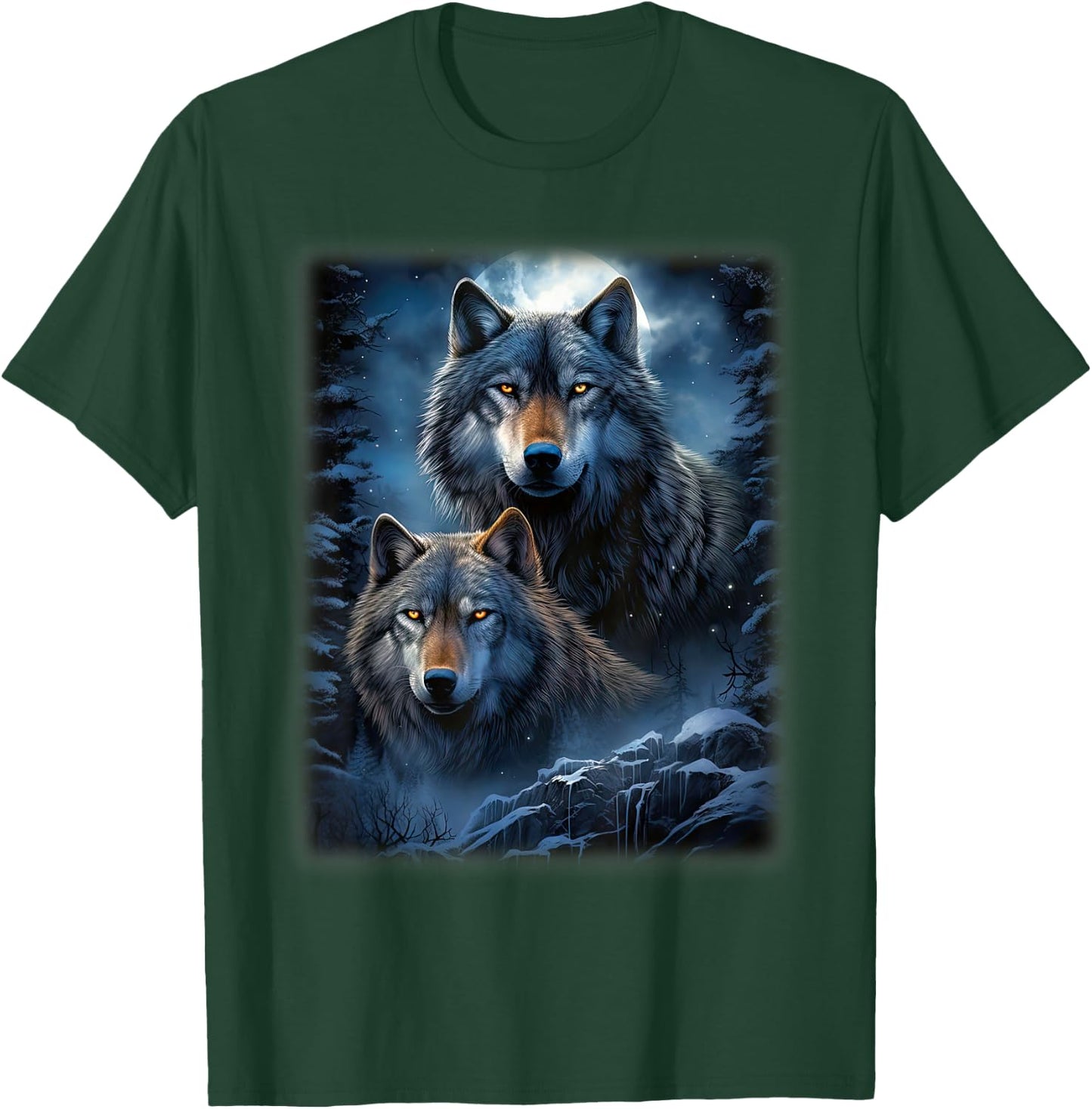 Wolf Wolves in Forest by Night Moon Fantasy Art Wildlife T-Shirt - T-Shirt | Forest