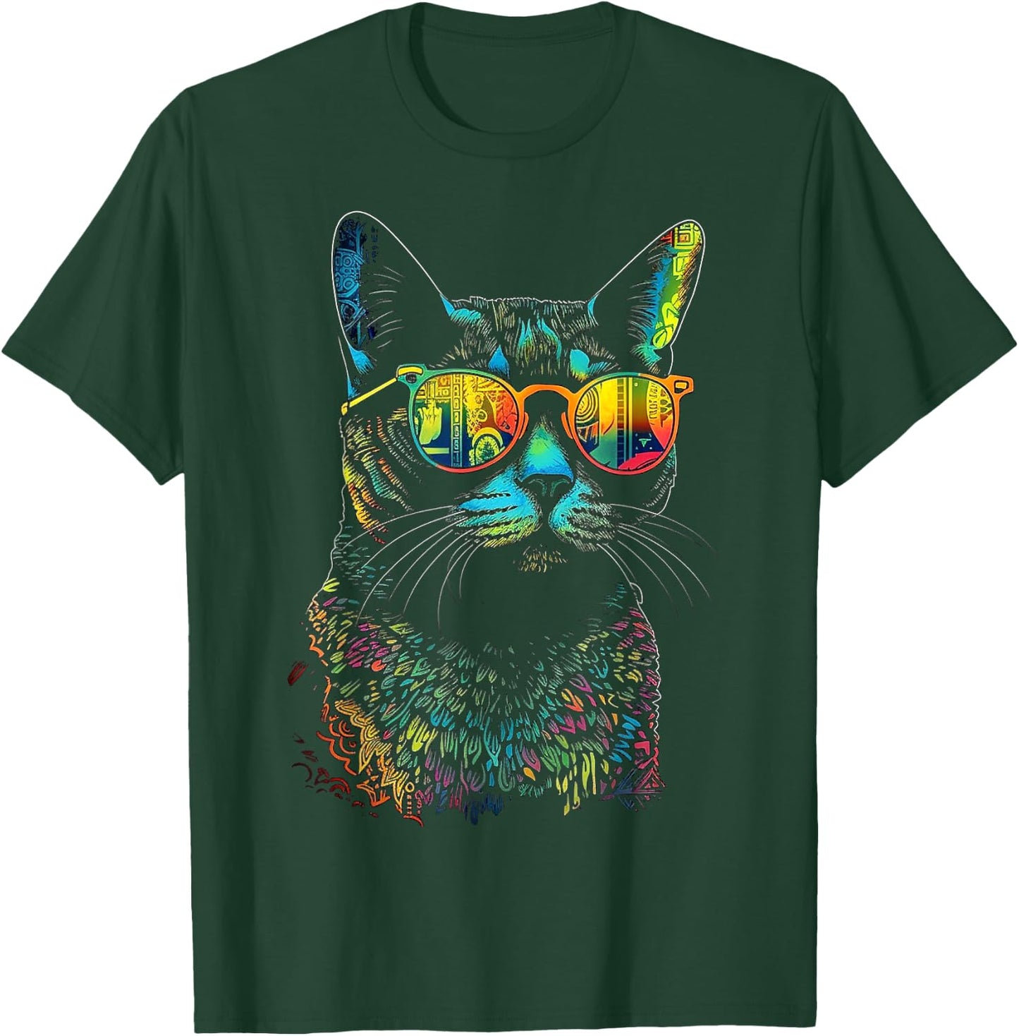 Cat Sunglaess Colorful Artwork | Animal Motif Cat T-Shirt - T-Shirt | Forest