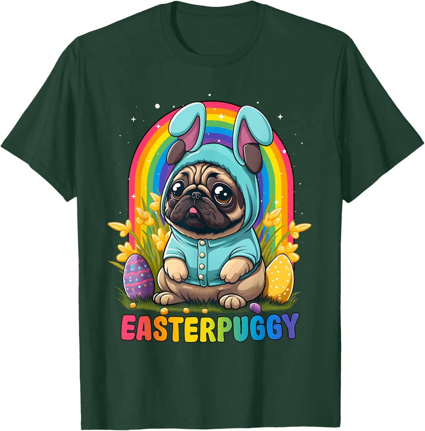 Funny Easter Pug Dog Easterpuggy Cute Pug Lover Rainbow Women Kids T-Shirt - T-Shirt | Forest
