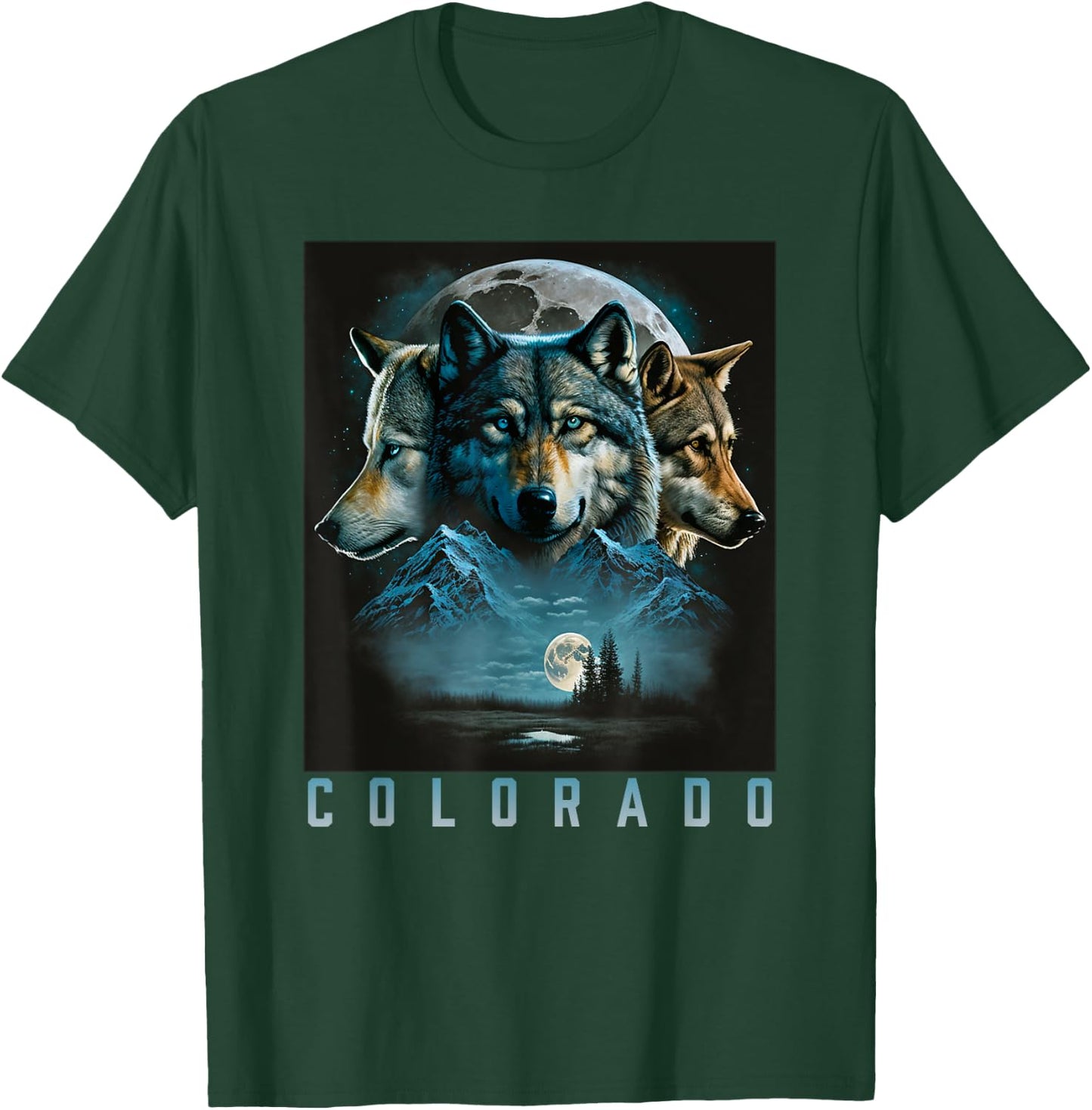 Colorado Mountain Wolf - Three Wolf Moon & Stars Retro T-Shirt - T-Shirt | Forest