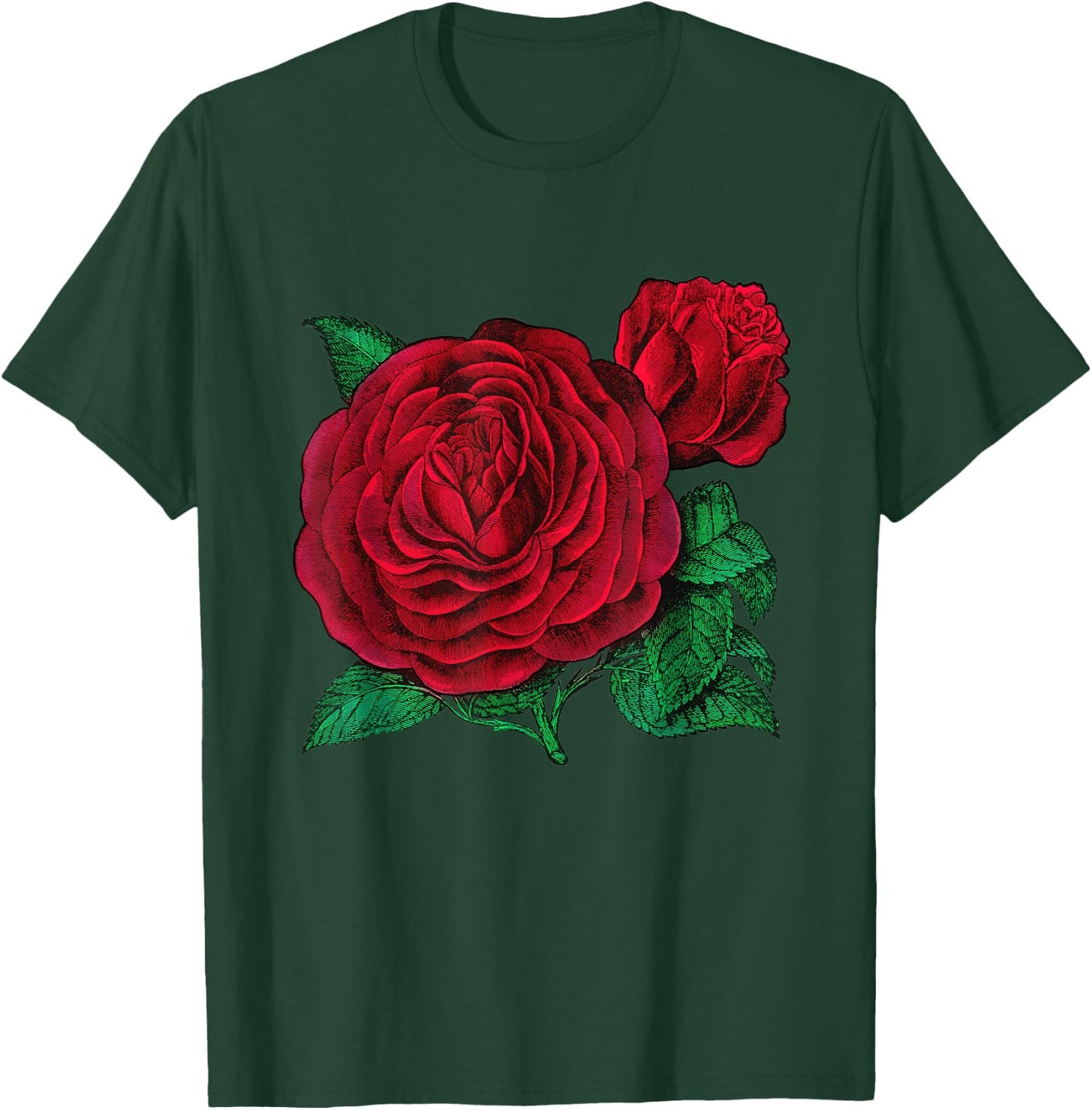 Vintage Red Roses Flower Floral Illustration Blossom Lovers T-Shirt - T-Shirt | Forest