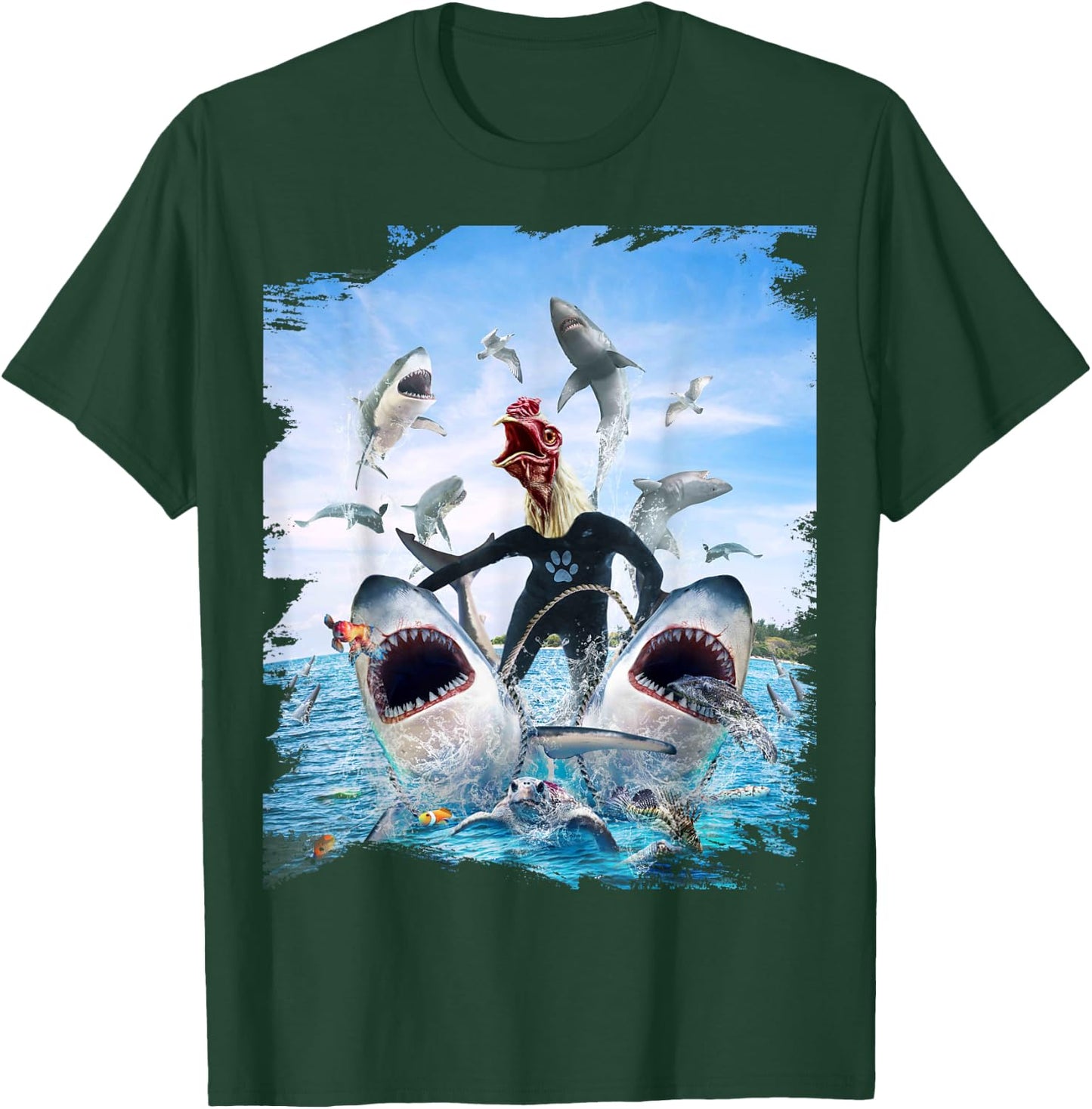 Chicken Riding Shark Sharks At Beach Ocean Funny T-Shirt - T-Shirt | Forest