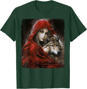 Woman with Hood in red and Gray Wolf Fantasy Art Painting T-Shirt - T-Shirt | Forest