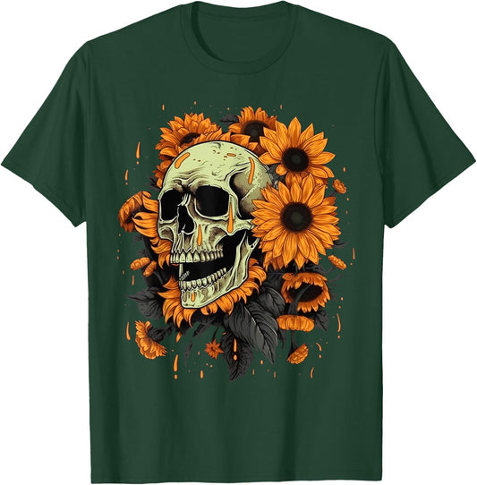 Skull Flowers on Rocker Sunflower Sugar Skull T-Shirt - T-Shirt | Forest